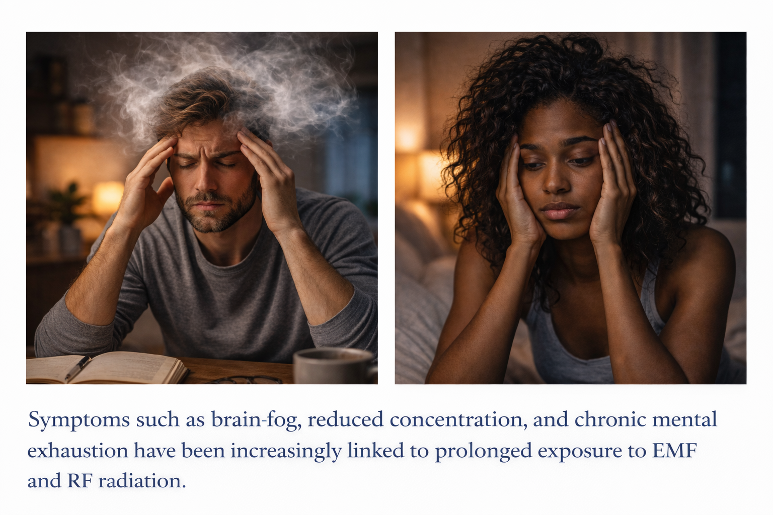 A side-by-side comparison of a man and a woman, both holding their heads with a look of distress. The man has a beard and tousled hair, with smoke or steam around his head, sitting at a table with an open book and a coffee mug. The woman has curly hair, sitting on a bed, with a dimly lit background. The caption explains symptoms such as brain fog and mental exhaustion linked to exposure to EMF and RF radiation.