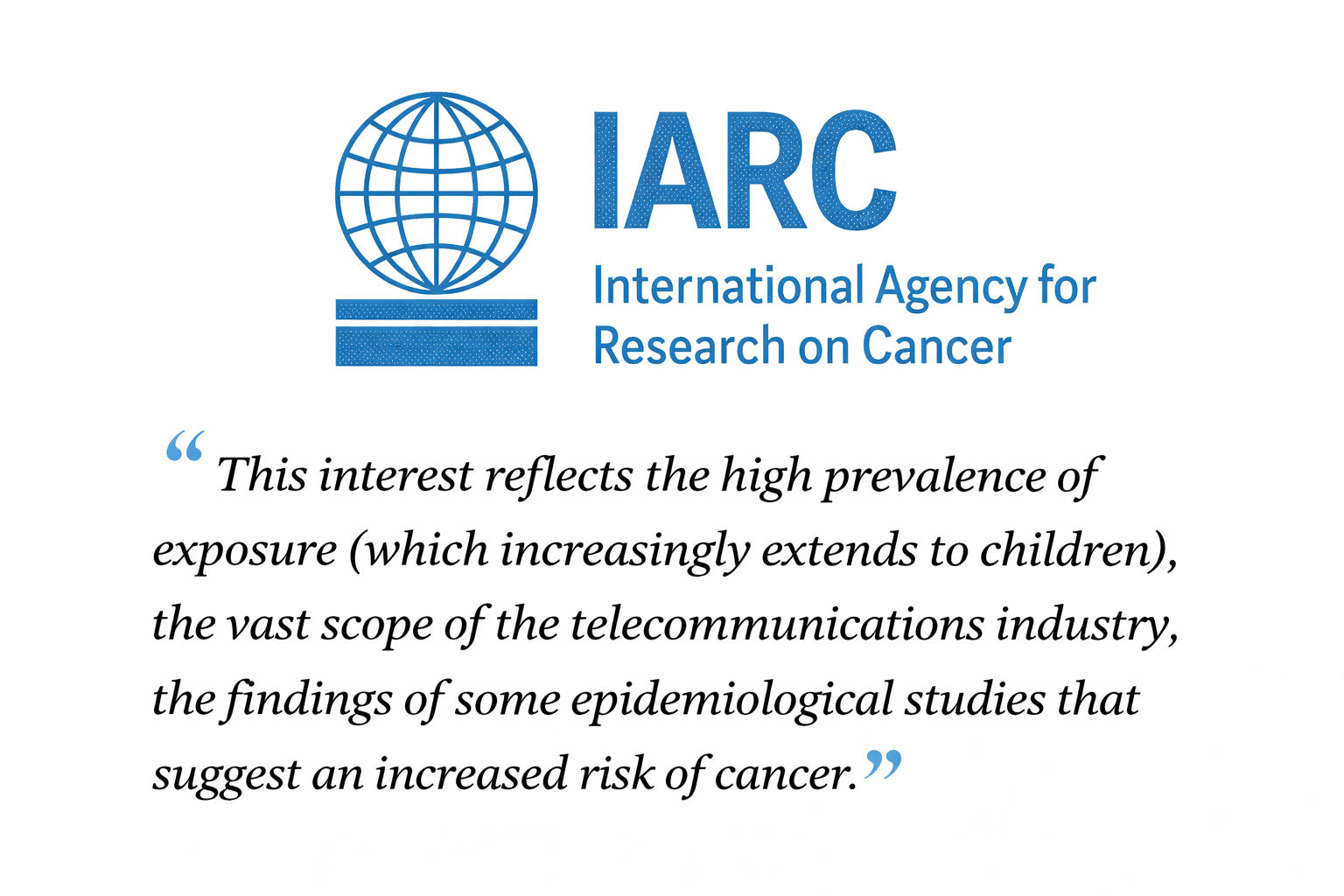 Logo of the International Agency for Research on Cancer (IARC) with a globe icon and the text 'International Agency for Research on Cancer'. A quote in italics discussing the high prevalence of exposure and epidemiological studies linking increased risk of cancer.