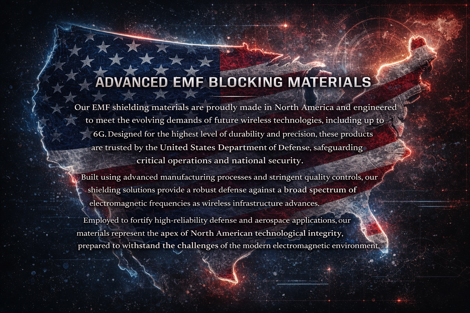 Image of the United States flag with digital and electrical effects, overlaid with text about advanced EMF blocking materials made in North America for military and aerospace uses.