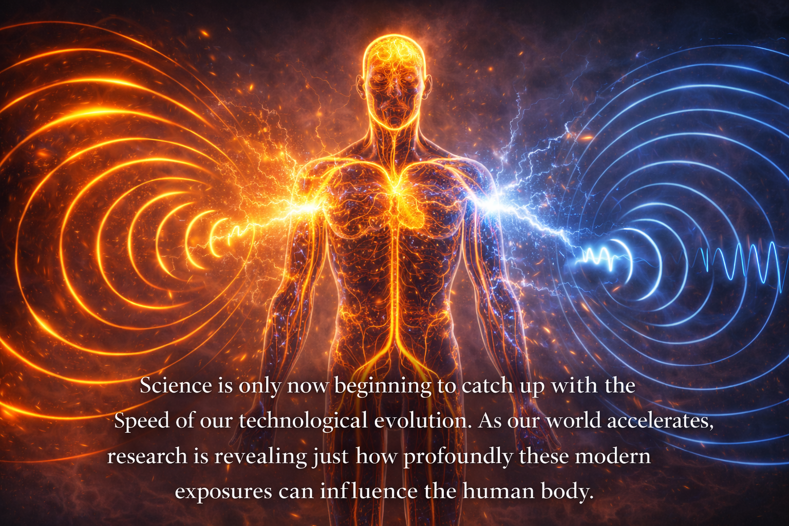 Digital illustration of a human figure with electric currents and energy waves in orange and blue emanating from the chest and head, with a science-related quote about technological evolution and its impact on the human body.