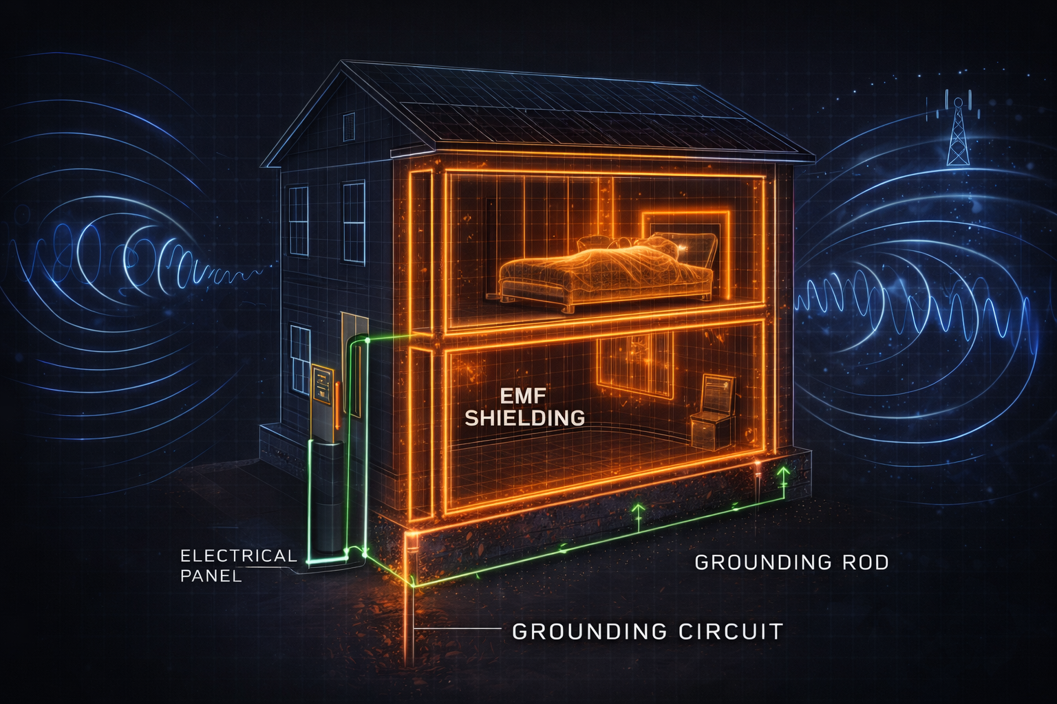 A digital illustration of a house showing EMF shielding, electrical panel, grounding rod, and grounding circuit, with a bed and chair inside, surrounded by wireless signals.