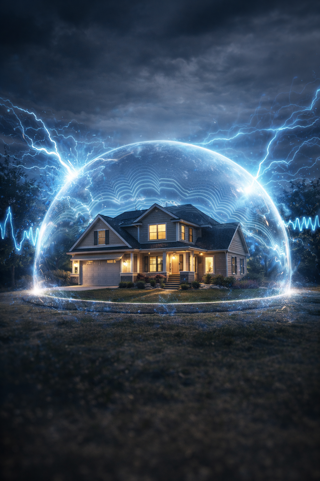 A house with lights on in the windows surrounded by a glowing blue energy shield with lightning and electrical effects in the sky.