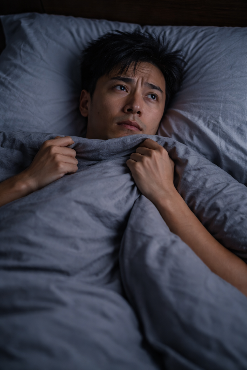 A man lying in bed, looking worried or anxious, clutching the bedsheet near his chin.