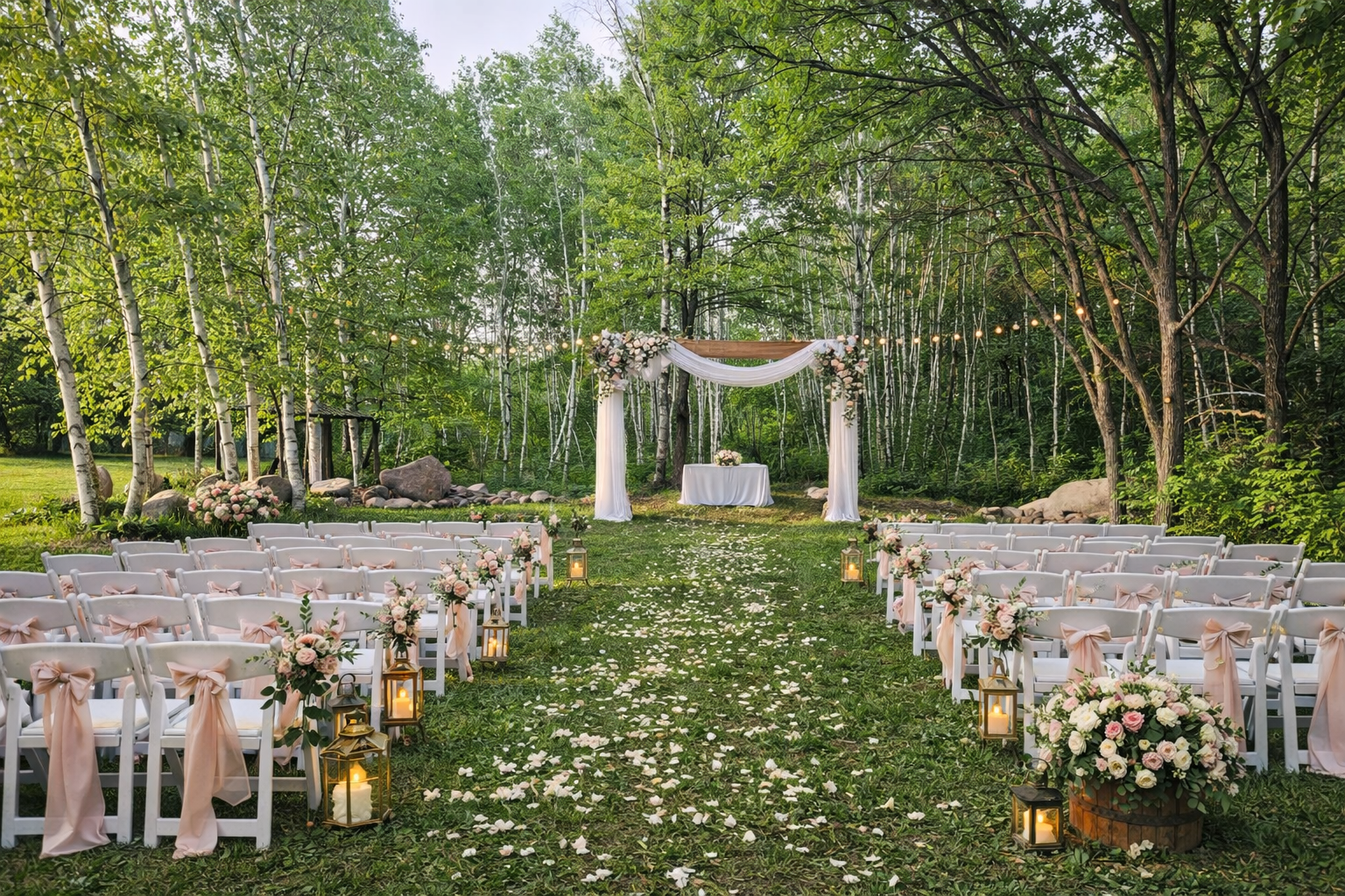 Outdoor wedding setup in a forest clearing with white chairs decorated with pink ribbons, floral arrangements, lanterns, and string lights, leading to an arch with draped fabric and flowers at the altar.