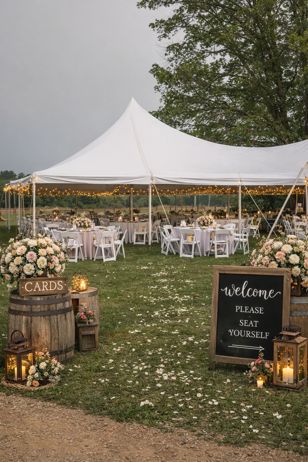 Outdoor wedding reception under a large white tent with string lights, decorated tables, floral arrangements, and a chalkboard sign that reads 'welcome, please seat yourself' in a grassy area with trees.