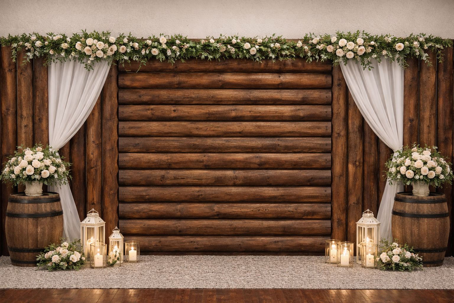 Rustic wedding backdrop with wooden logs, white flowers, flowing white curtains, and candles in lanterns and glass holders.