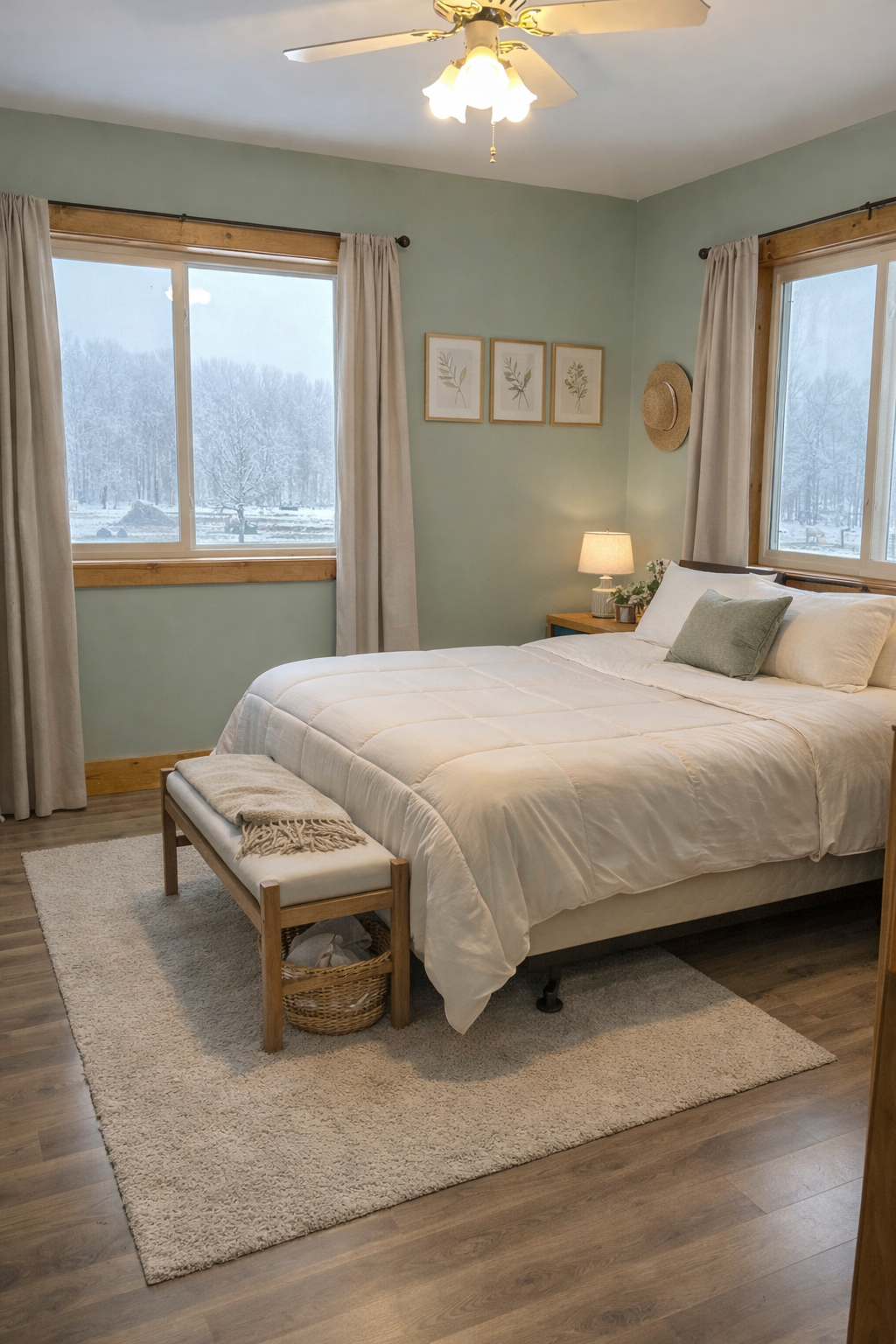 A cozy bedroom with large windows showing a snowy winter scene outside. The bed has white bedding with a gray pillow, and a wooden bench with a folded blanket at the foot. Beside the bed, a nightstand with a lamp and small plant. The wall above the b