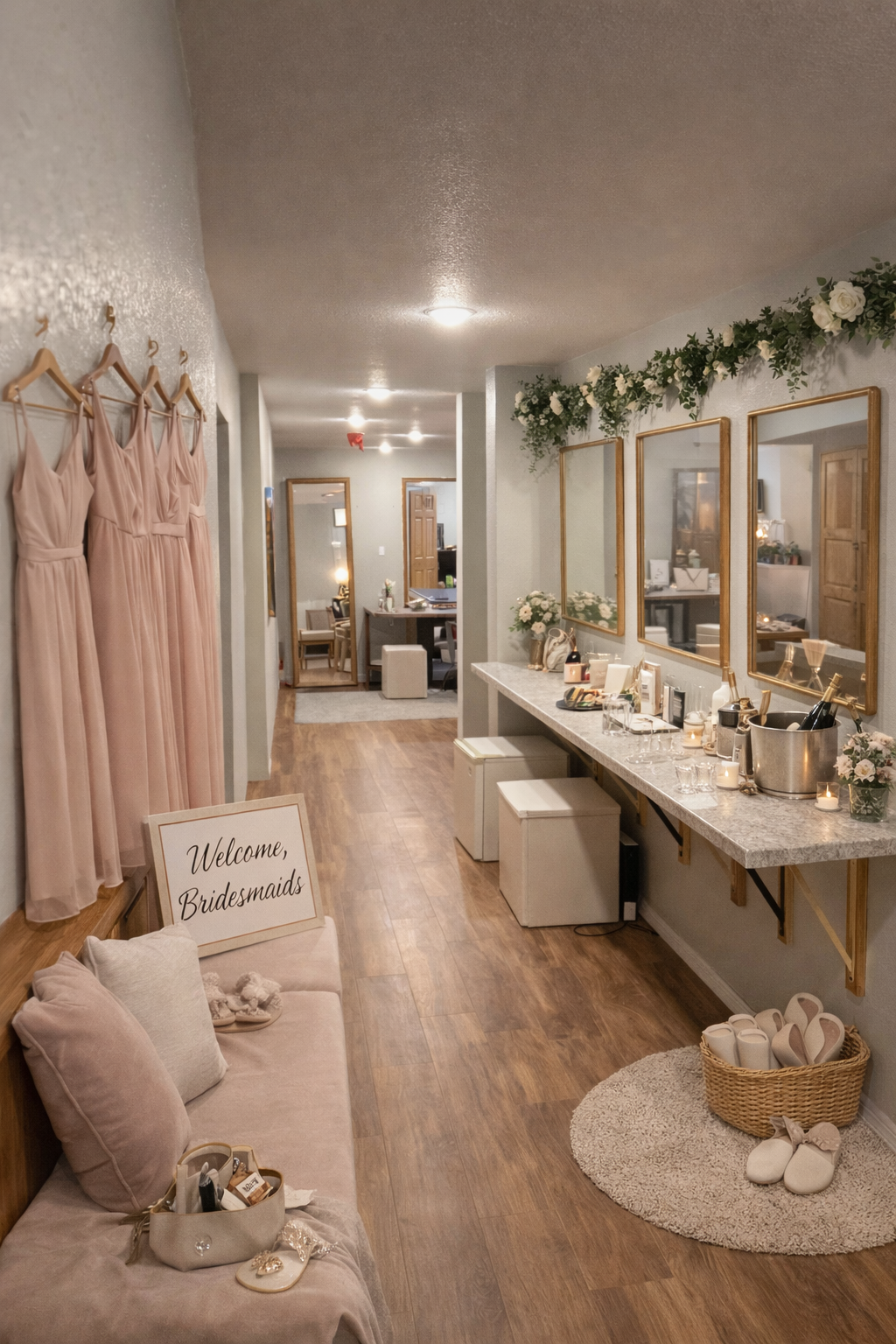 An indoor bridal suite with pink bridesmaid dresses hanging on the wall, a beige bench with a welcome sign for bridesmaids, a marble counter with floral arrangements, mirrors, and various small items, a basket with shoes, and chairs visible in the background.