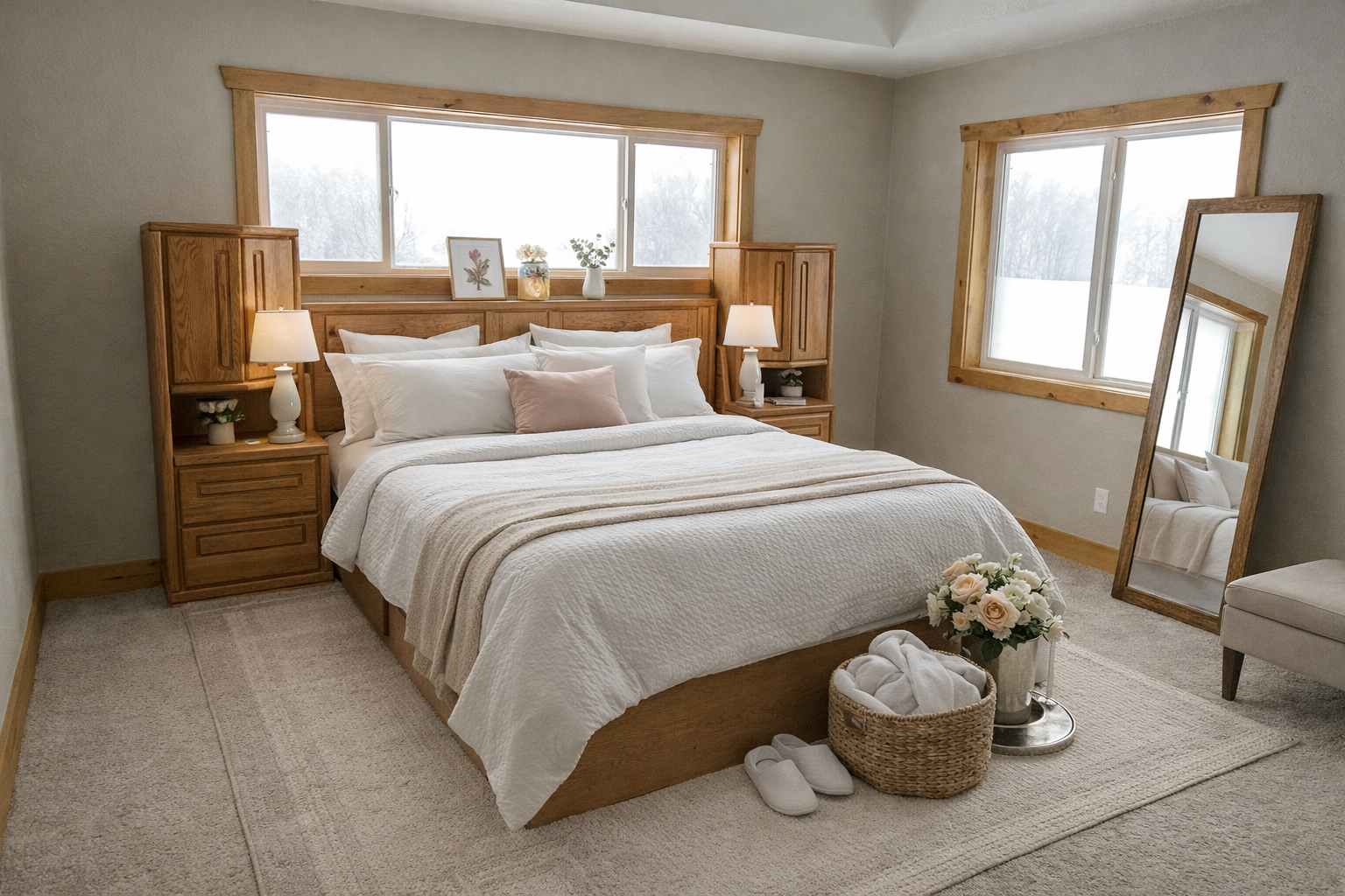 A cozy bedroom with a large bed, white bedding, and pillows, flanked by wooden nightstands with lamps. There's a tall mirror leaning against the wall, a basket of rolled towels and flowers near the foot of the bed, and two windows letting in natural 