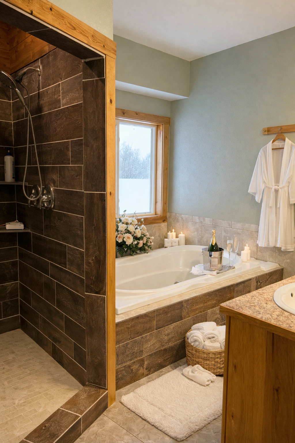 A bathroom with a shower area on the left with dark brown tile walls, a bathtub with white candles, flowers, and a champagne bottle on the right, and a window in the background.