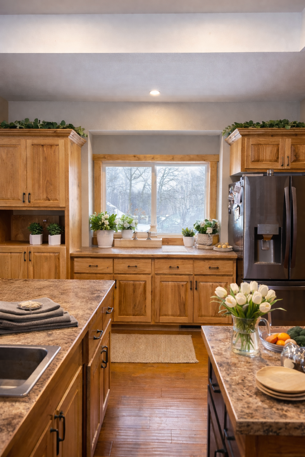 Kitchen with wooden cabinets, granite countertops, stainless steel refrigerator, window with a view of snow-covered trees, and decorated with white flowers and small potted plants.