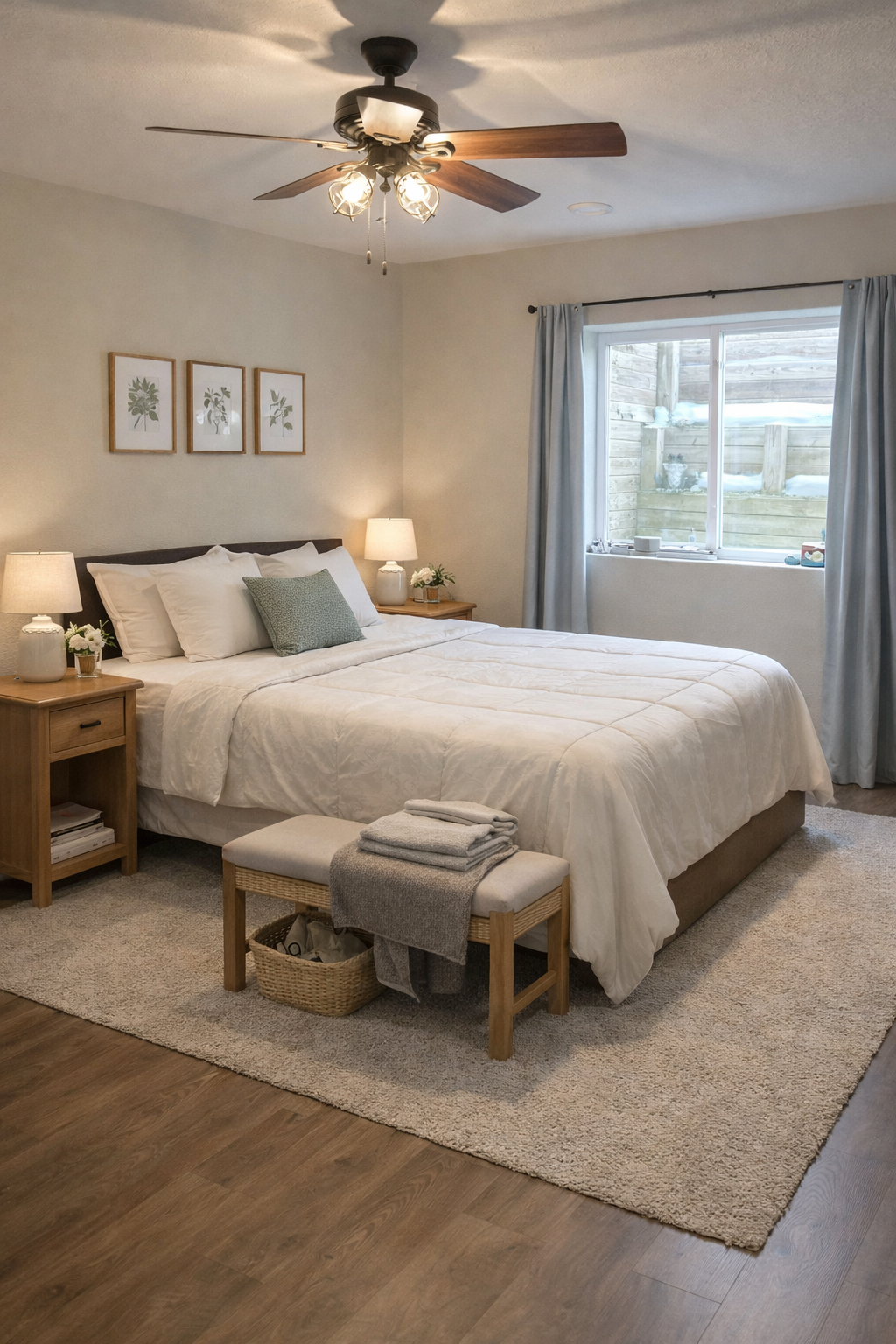 A cozy bedroom featuring a bed with white bedding and multiple pillows, two wooden nightstands with lamps, a window with light blue curtains, and simple wall art. There is a small bench at the foot of the bed with folded towels and a basket underneath, on a beige rug over a wooden floor.