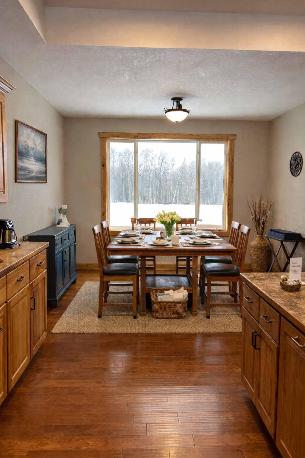 A dining room with a wooden table set for six people, with a centerpiece of white tulips, situated in front of a large window showing a winter landscape. The room has wooden cabinets, a black sideboard, and decorative items like a vase and a painting
