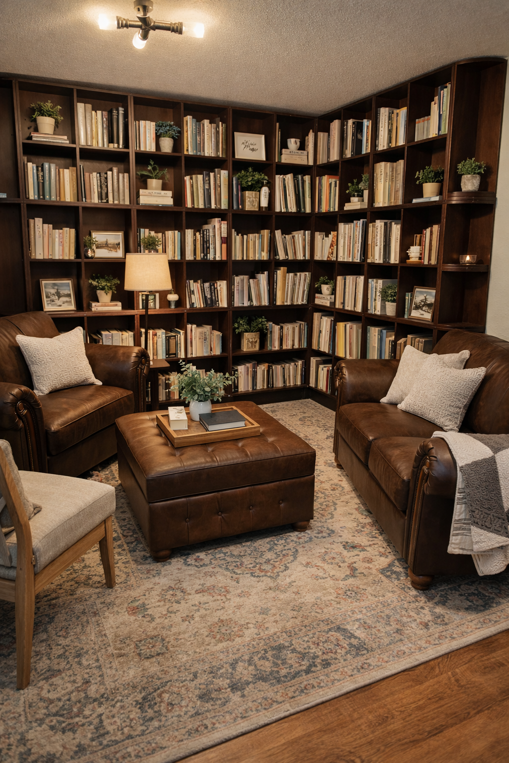 A cozy living room with two brown leather sofas, a beige armchair, a large wooden bookshelf filled with books and small potted plants, a floor lamp, a patterned area rug, and a wooden coffee table with a plant and some books.