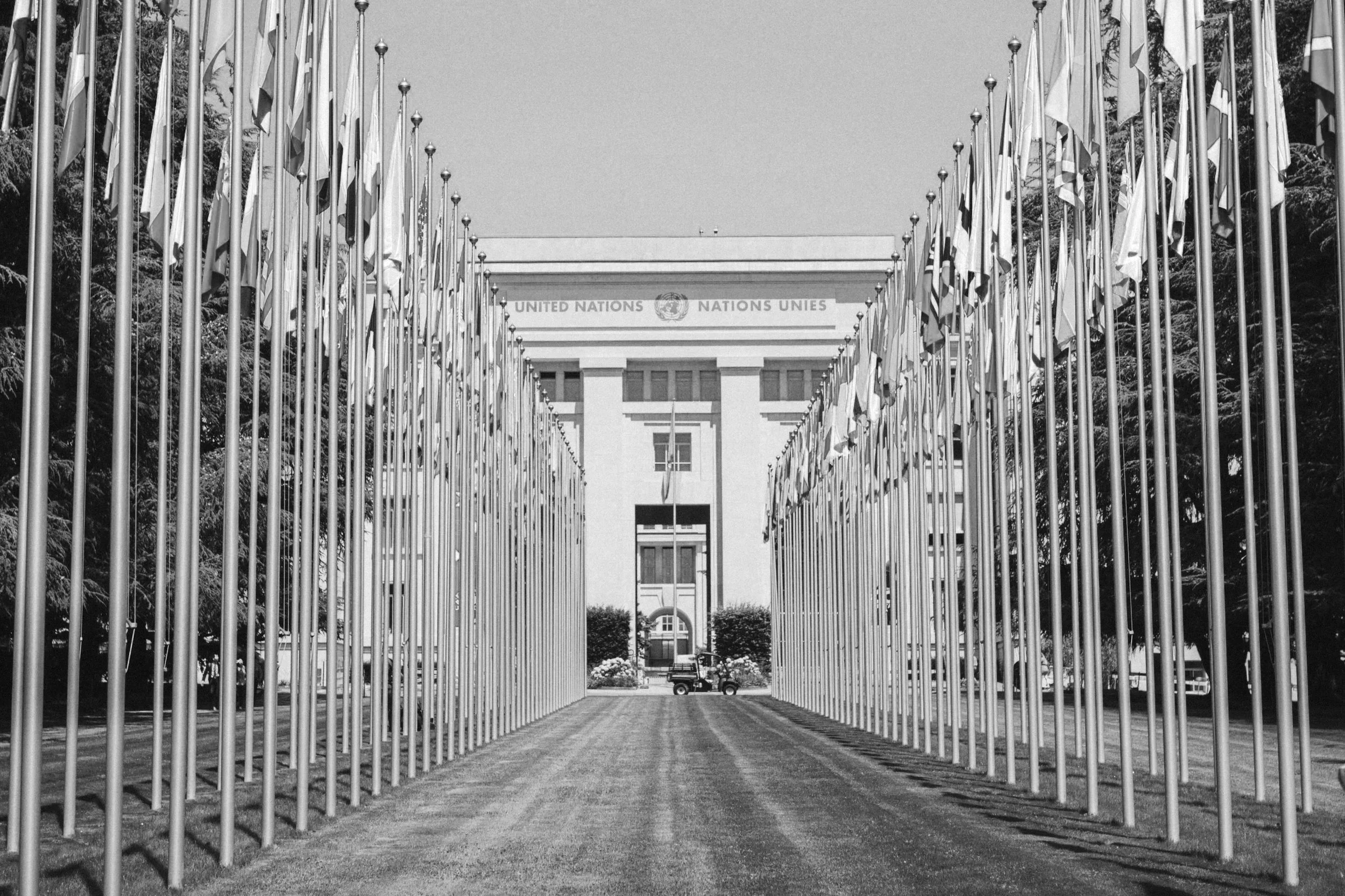 Black and white photo of a pathway leading to the United Nations building, surrounded by numerous flagpoles with flags on each side.