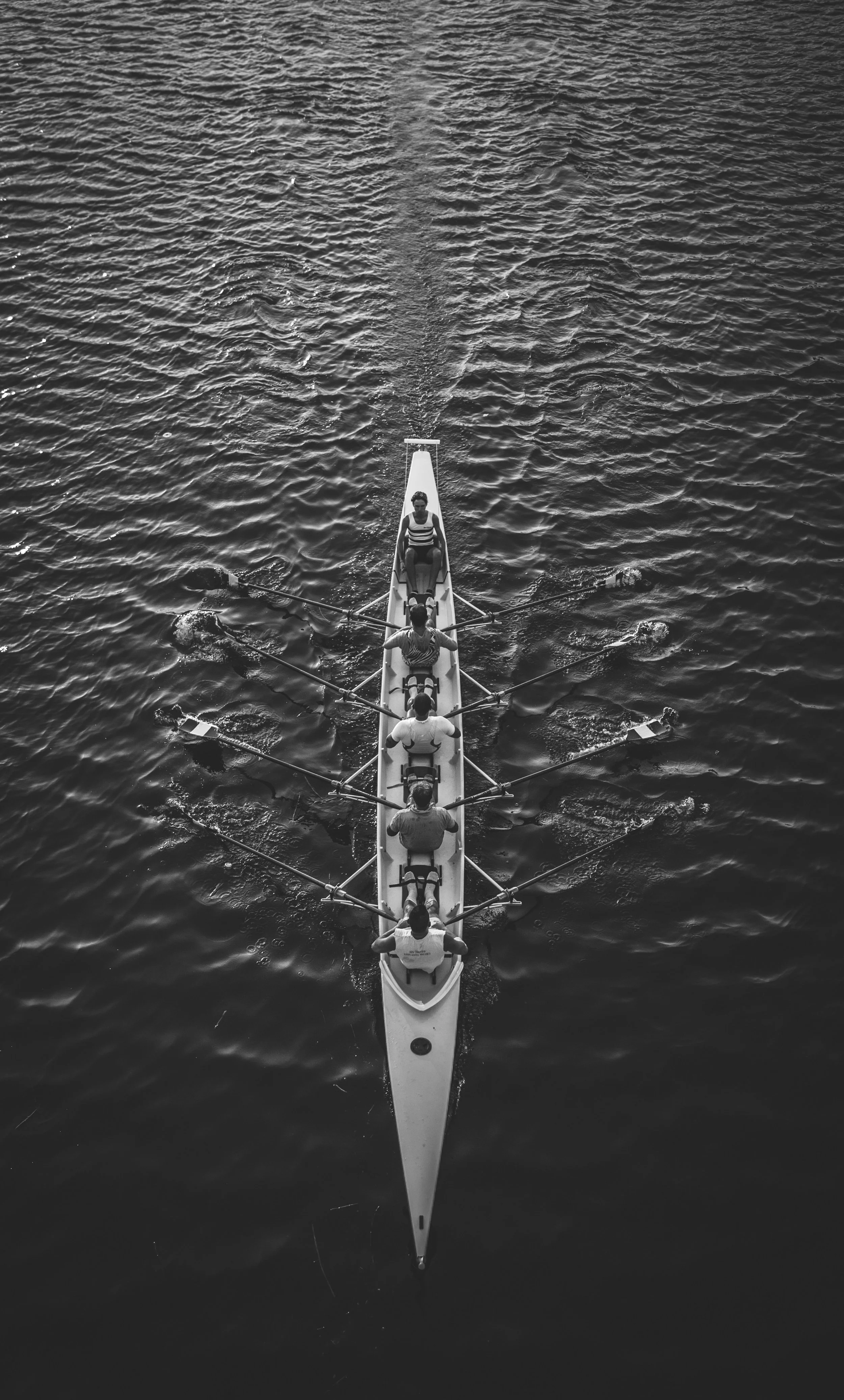 Top-down view of a rowing team in a long boat on open water, with five rowers and a coxswain, captured in black and white.