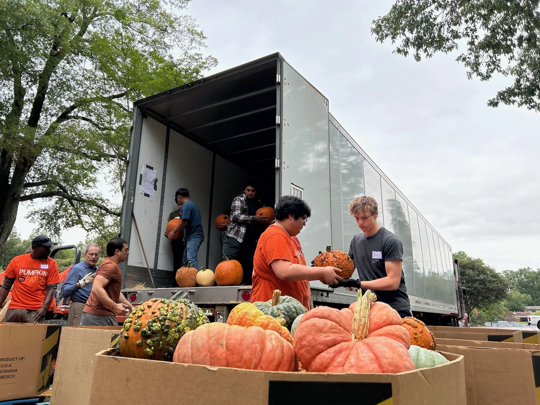 People unloading pumpkins and gourds from a truck at a farmer's market or fall festival.