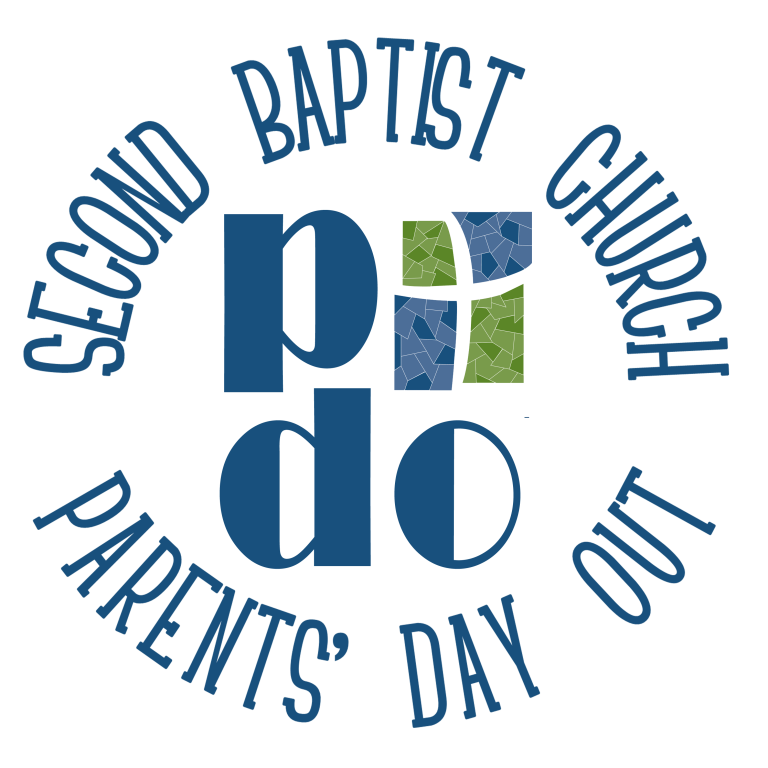 Logo for Second Baptist Church Preschool with text 'Second Baptist Church Preschool Parents' Day Out' and decorative cross design.