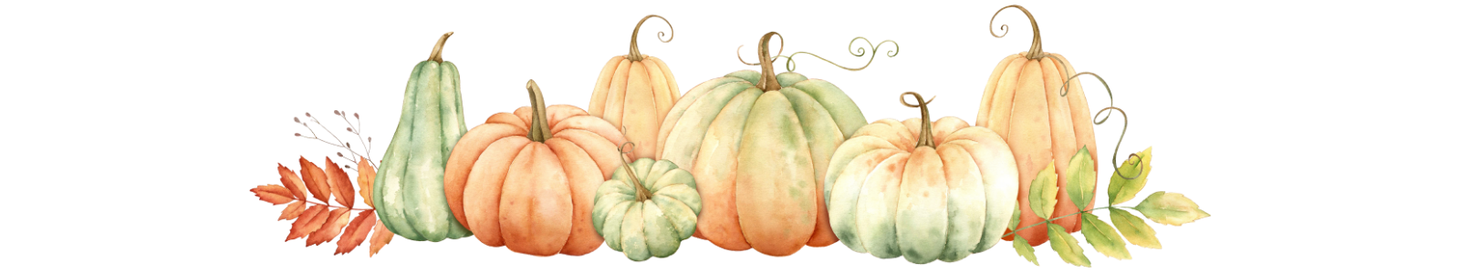 A variety of pumpkins and gourds on a table with autumn leaves.