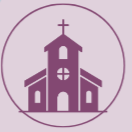 Illustration of a church with a cross on top, within a purple circle