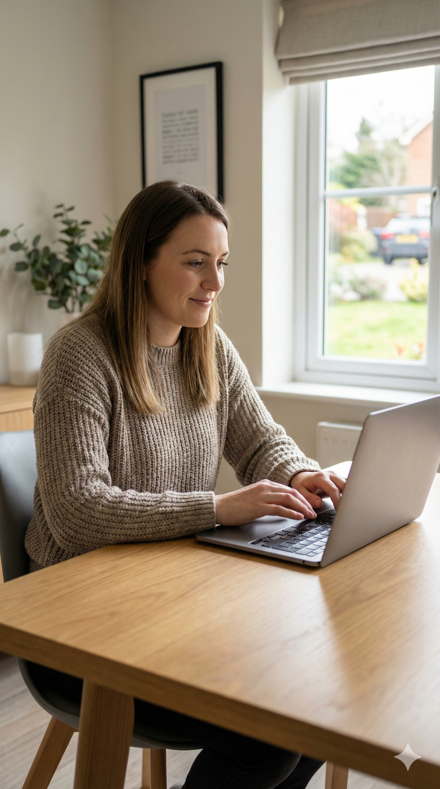 Qualified social worker working independently on a laptop in a bright UK office