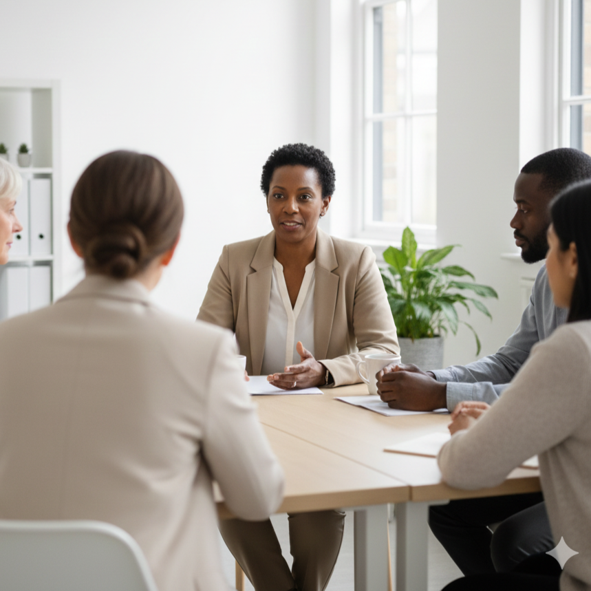 Qualified social worker meeting with a recruitment consultant in a bright UK office