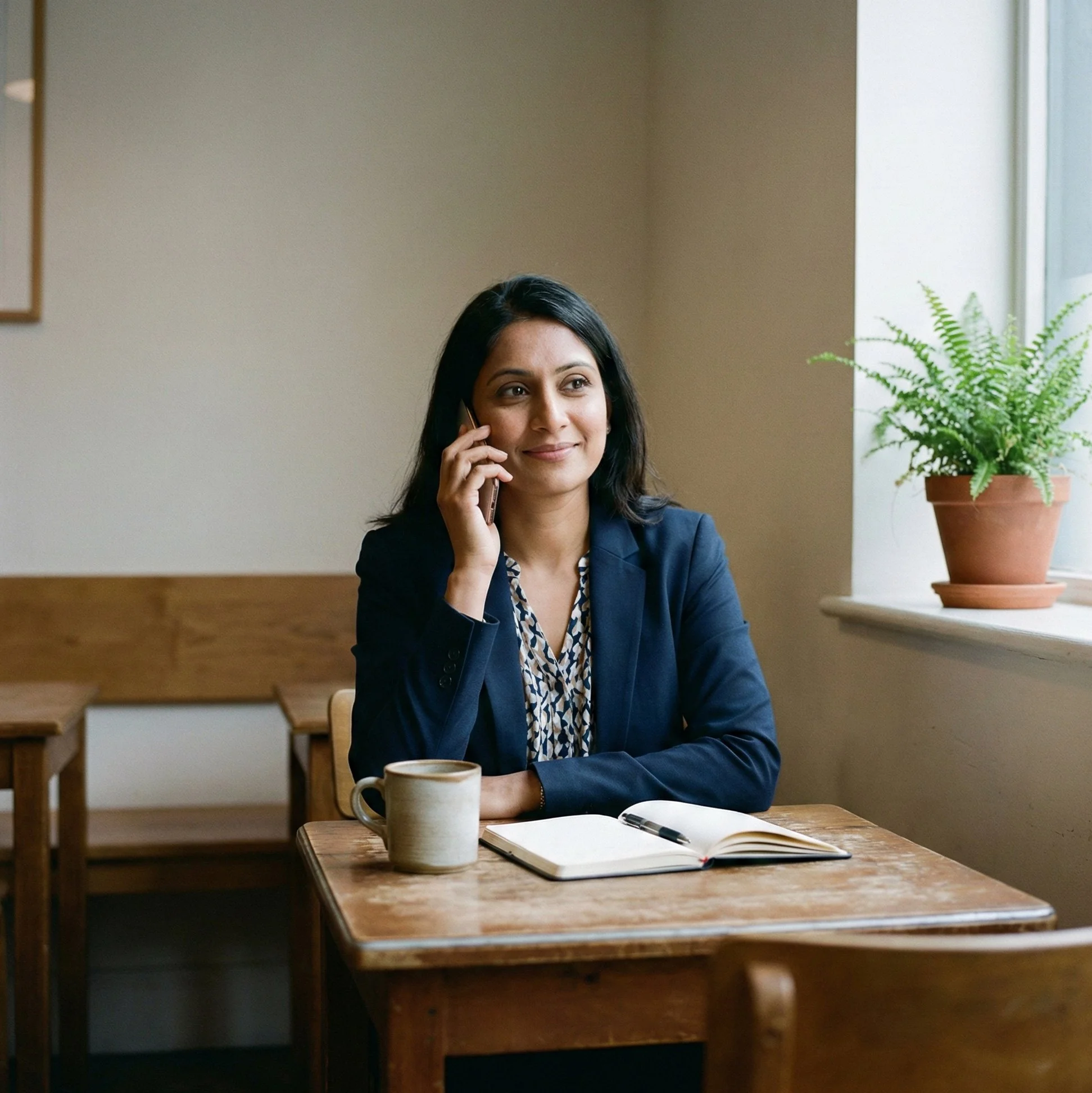 Social worker speaking on the phone in a UK office environment