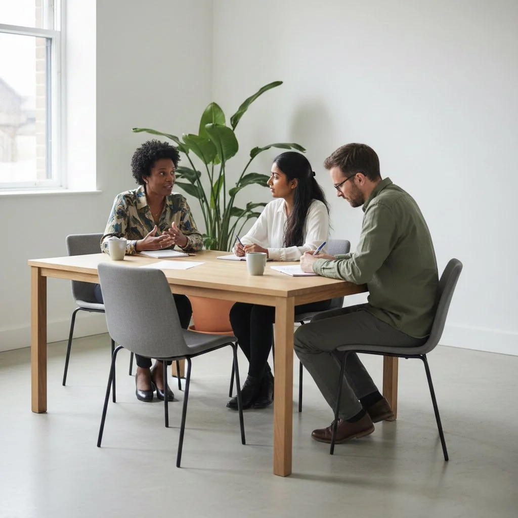 Social work professionals meeting as a team in a bright UK office