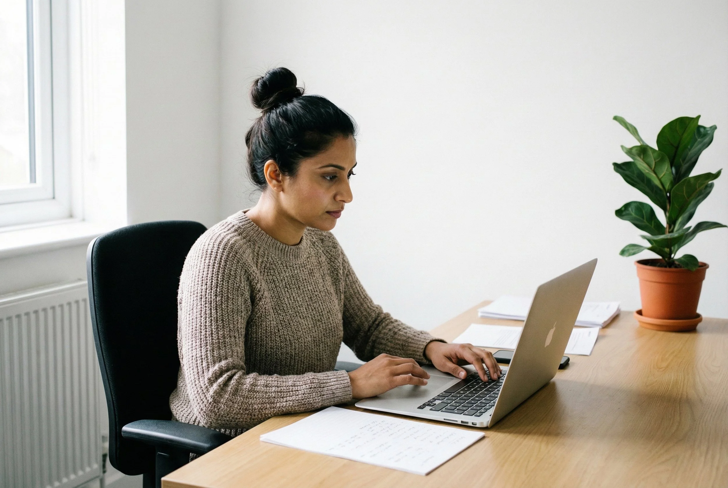 Qualified social worker working independently on a laptop in a UK office