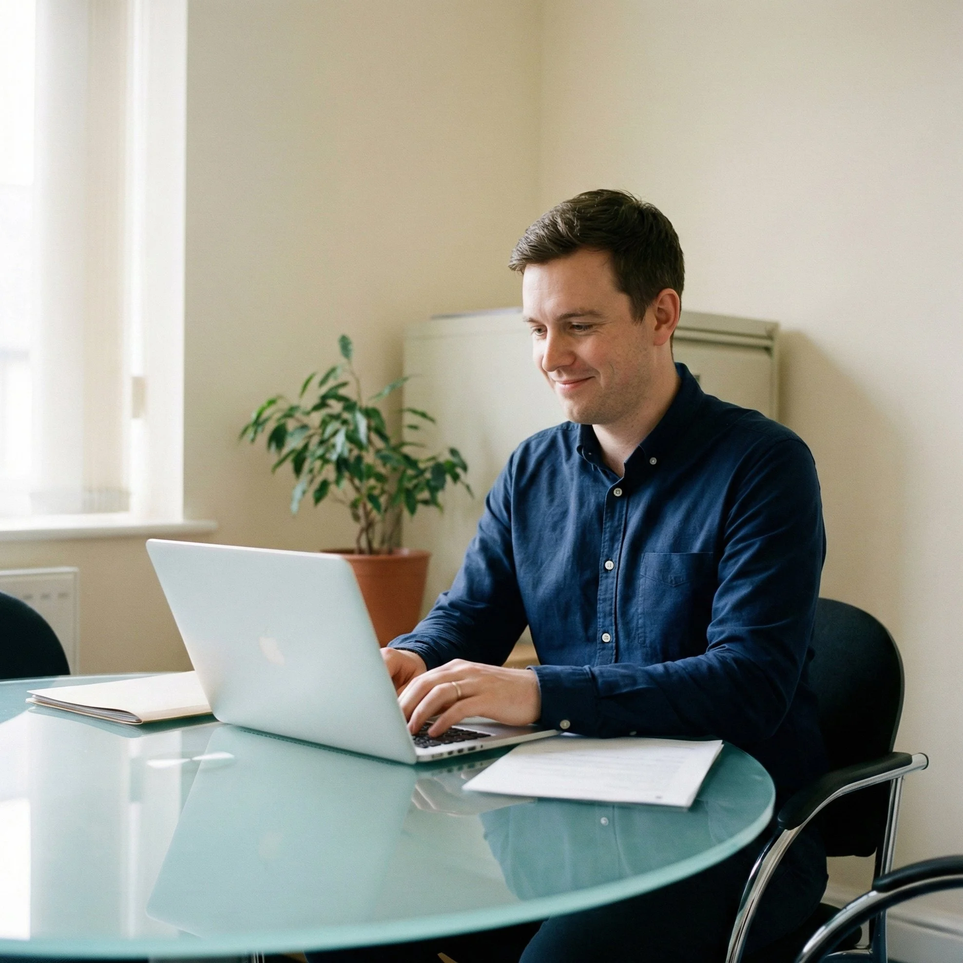 Social worker reviewing confidential information on a laptop in a UK office