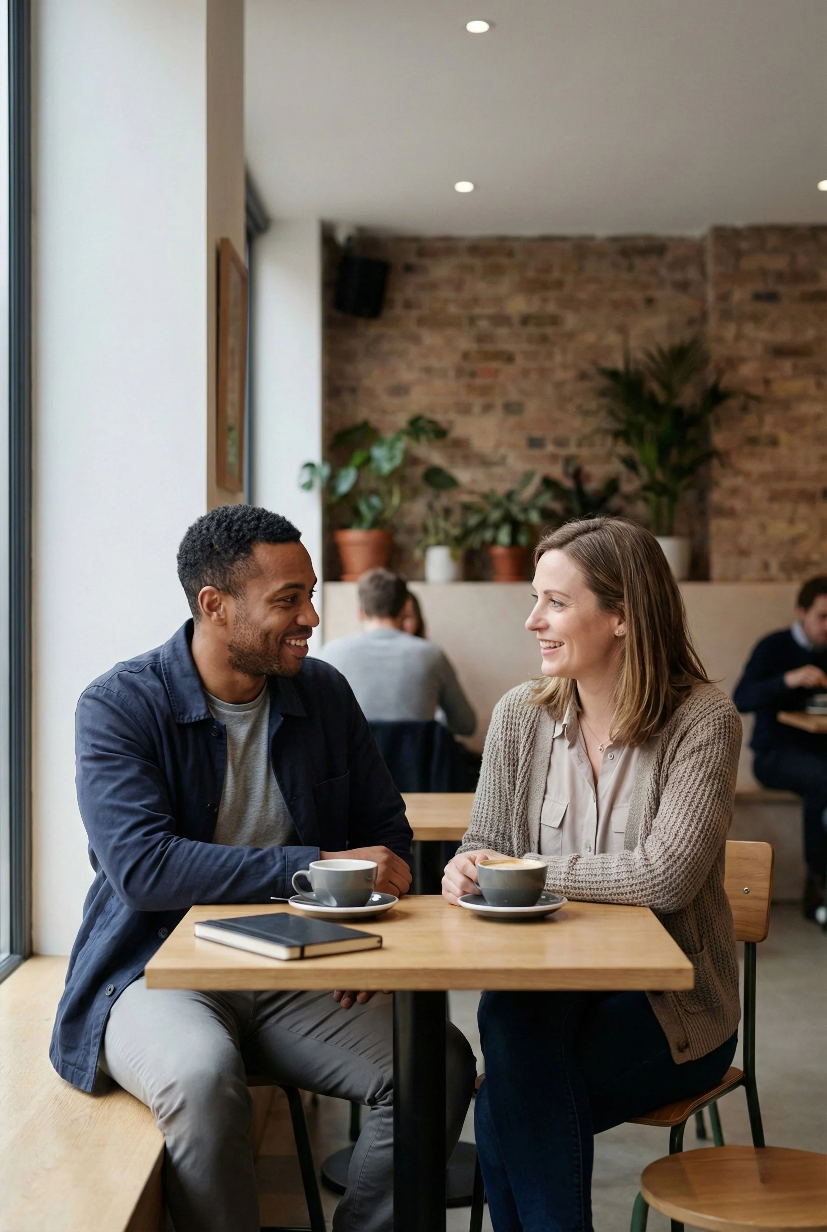 Colleagues discussing a social worker referral over coffee in the UK