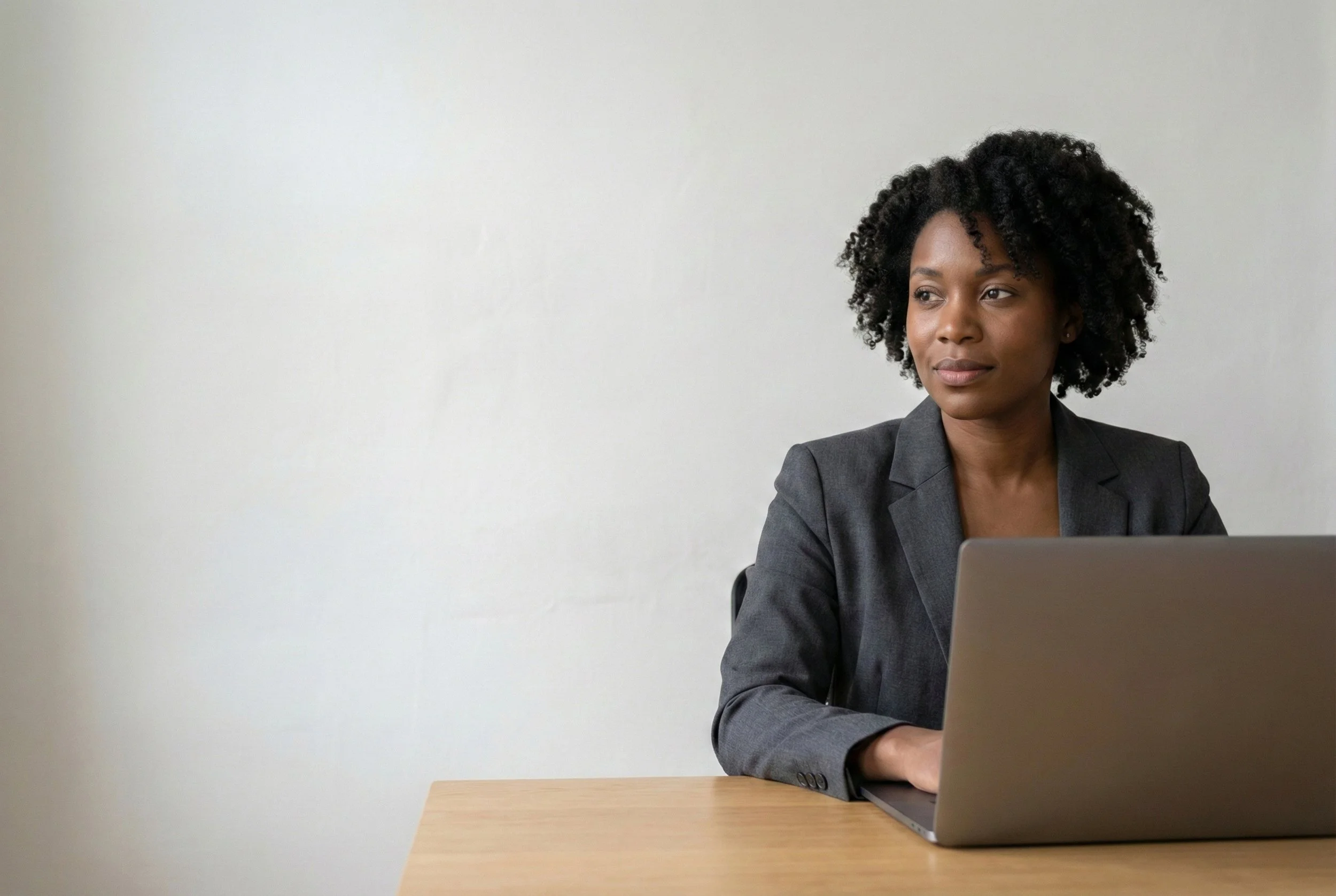 Social worker receiving candidate support while working on a laptop in a UK office