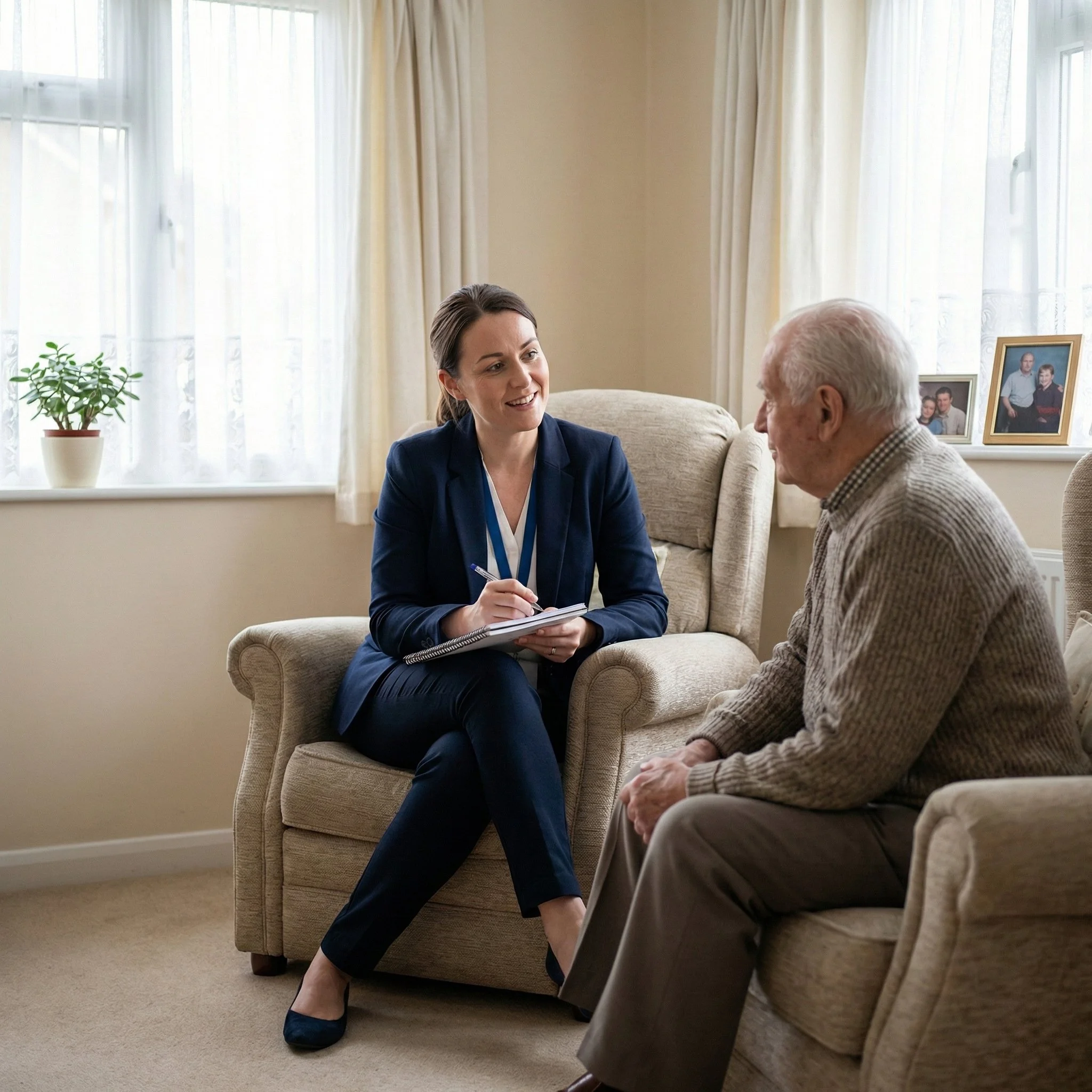A young woman in a navy suit sitting on a beige armchair, smiling while talking to an elderly man who is seated on a sofa. The setting appears to be a cozy living room with family photos on a window sill and natural light coming through the windows.