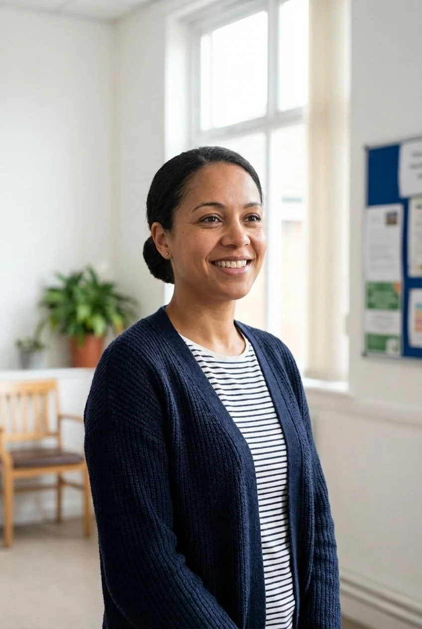 Qualified social worker standing in a bright UK office environment