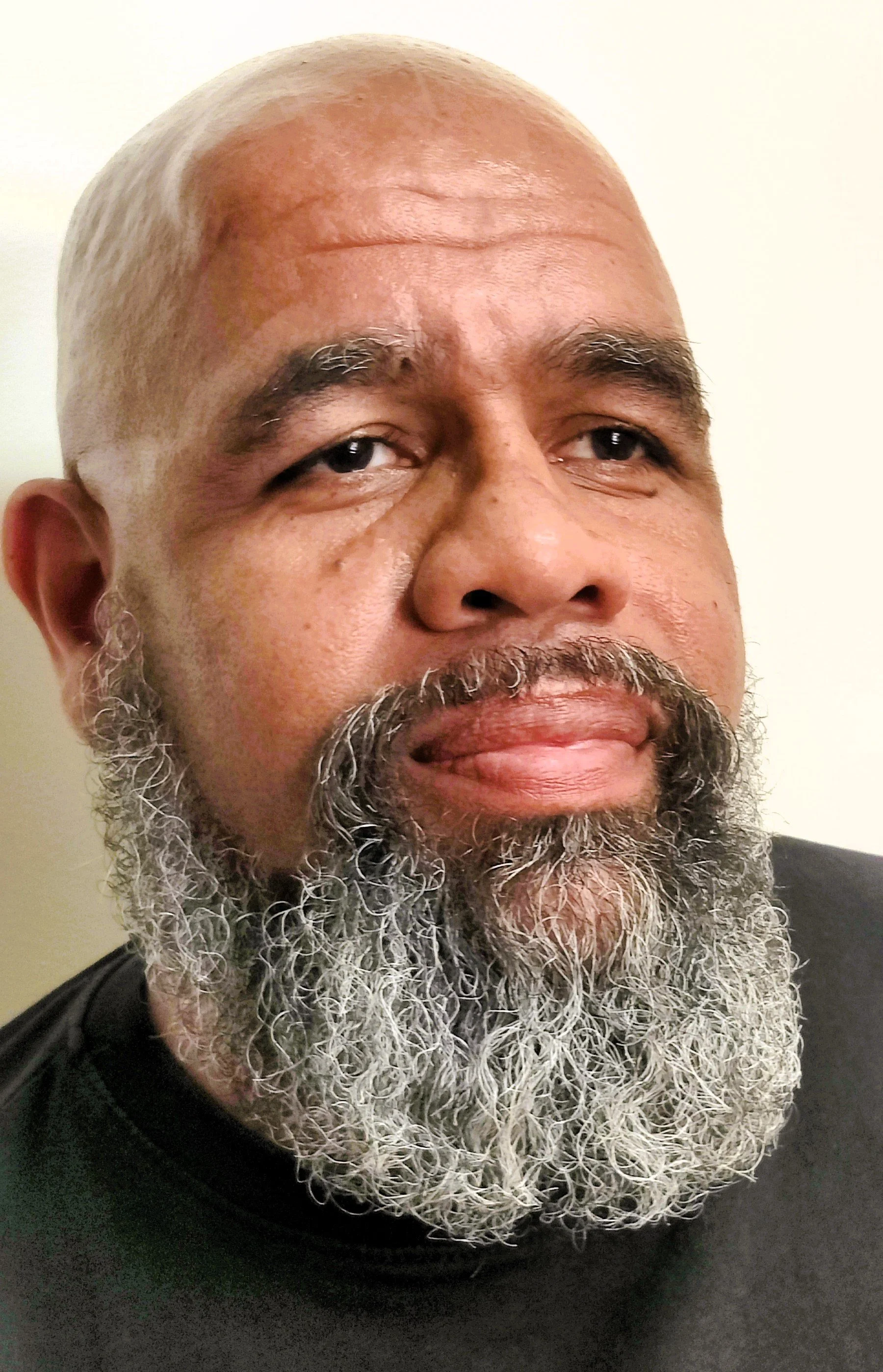 Close-up of a middle-aged man with a bald head, gray beard, and mustache, wearing a black shirt, with a neutral facial expression against a plain light-colored background.