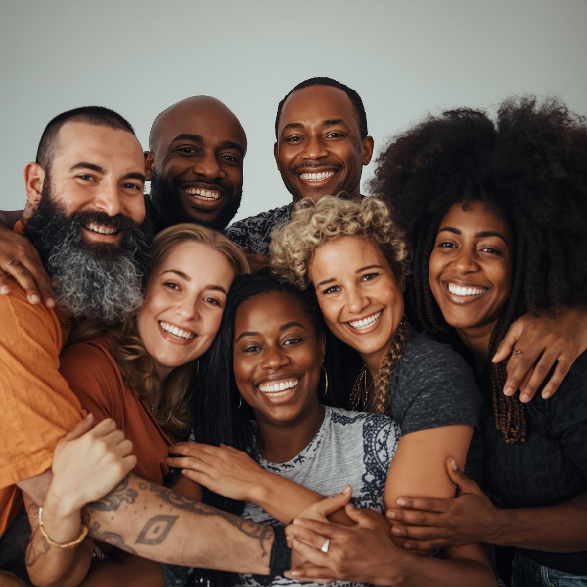 Group of eight diverse smiling people embracing and showing happiness.