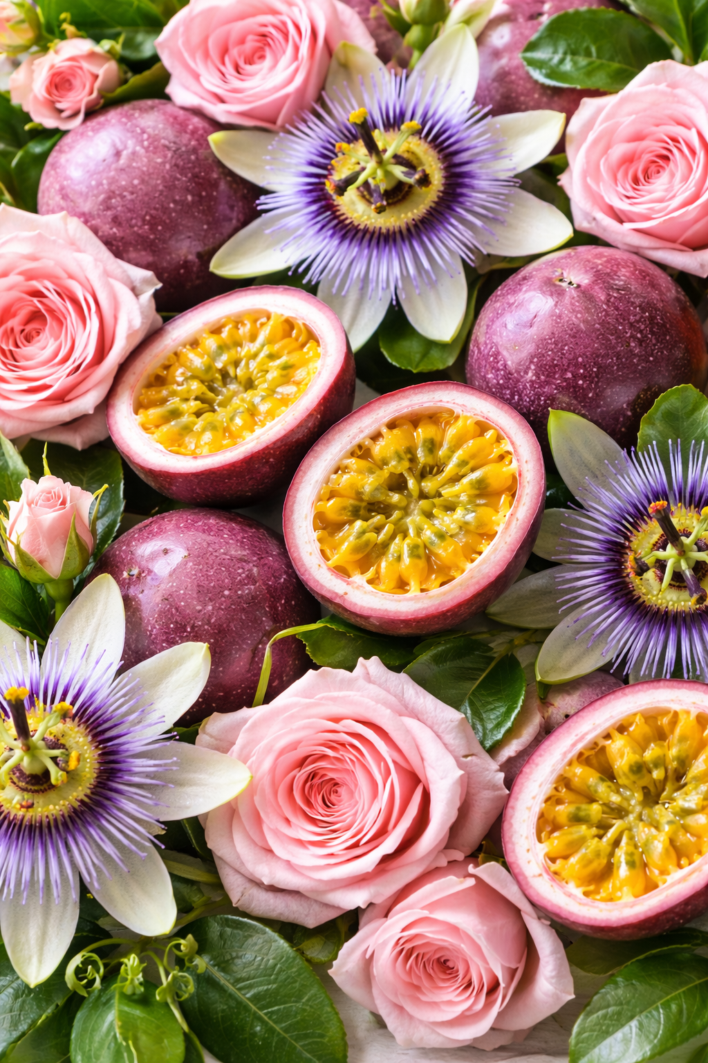 Passion fruits and pink roses arrangement.png