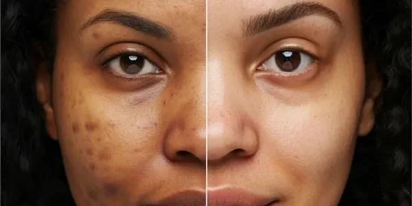 Close-up image showing a woman's face with severe acne scars on the left side, and clear skin on the right side, demonstrating before and after skin treatment.