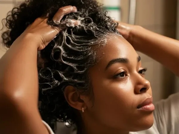 A woman with dark curly hair applying hair shampoo in her scalp