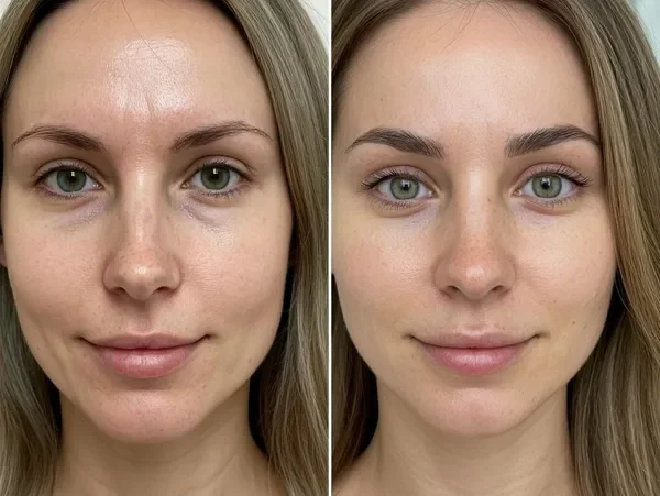 Side-by-side comparison of a woman before and after makeup application, showing clearer skin and enhanced eyebrows in the after image.