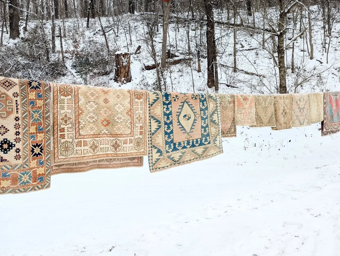 Taking this opportunity to snow clean some wool rugs. They'll be fresh and ready for you on February 5th ❄️🩵