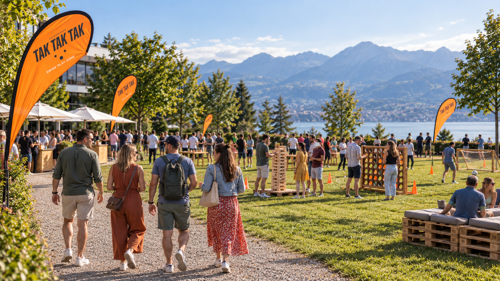 Outdoor event near a lake with mountains in the background, people playing games, walking, sitting on benches, and orange flags with black text that read 'TAK TAK TAK'.