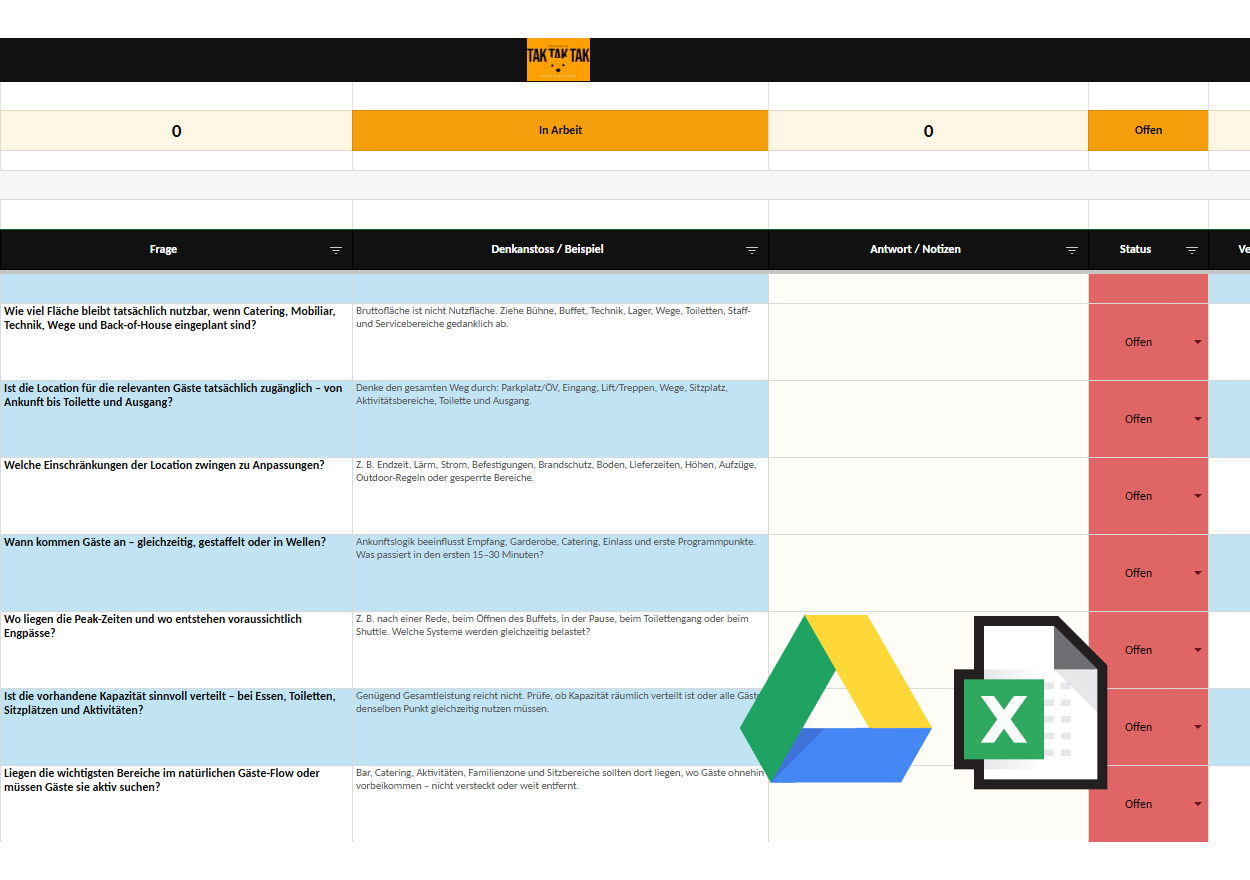 04 — Tracking-Tabelle in Excel oder online
Damit Sie gemeinsam sehen, was erledigt ist und was noch offen ist.
Excel / Google Sheets
