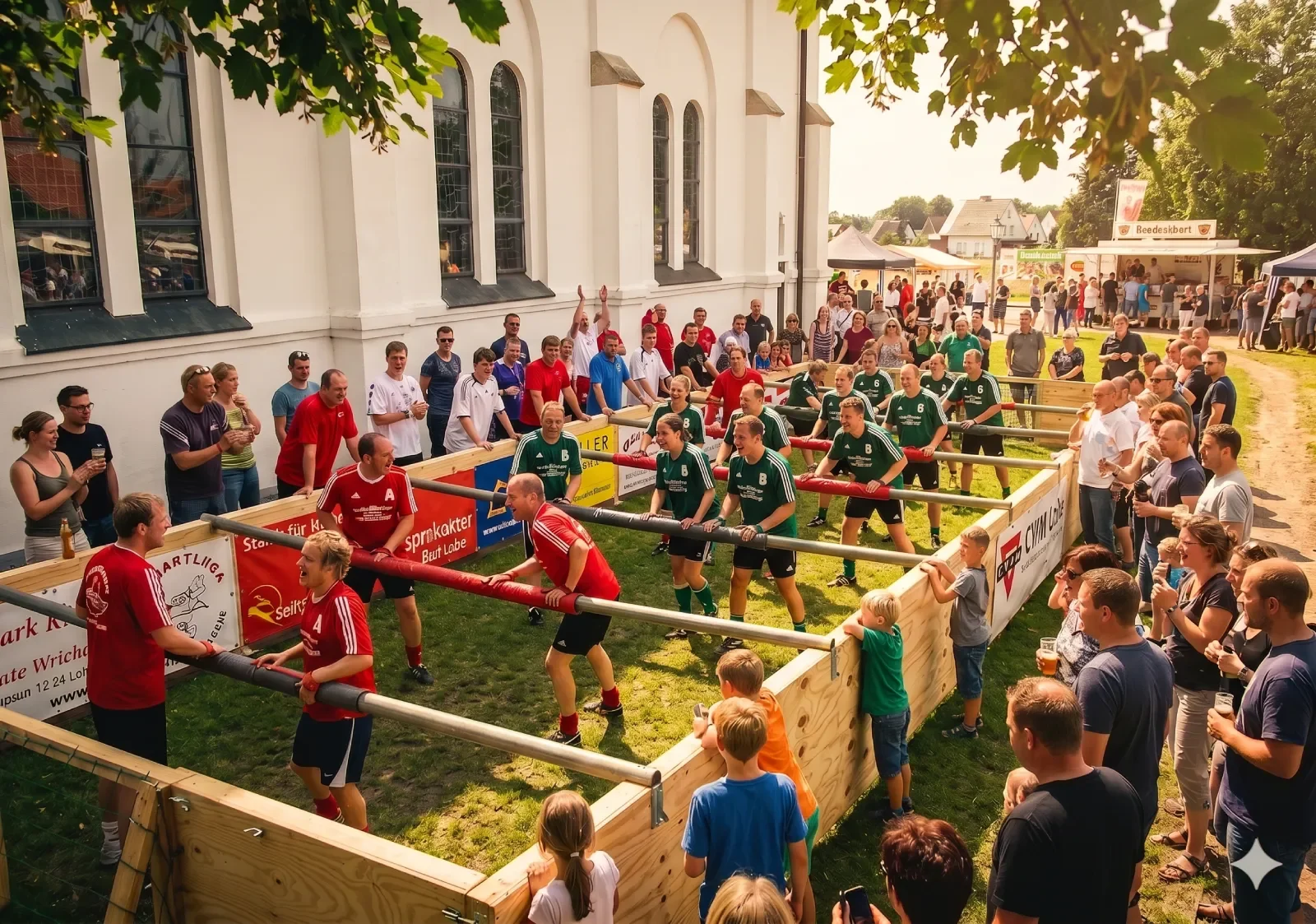 A lively outdoor event with soccer players in team uniforms playing a match inside a small wooden enclosure, surrounded by spectators and onlookers near a church and fair stalls.