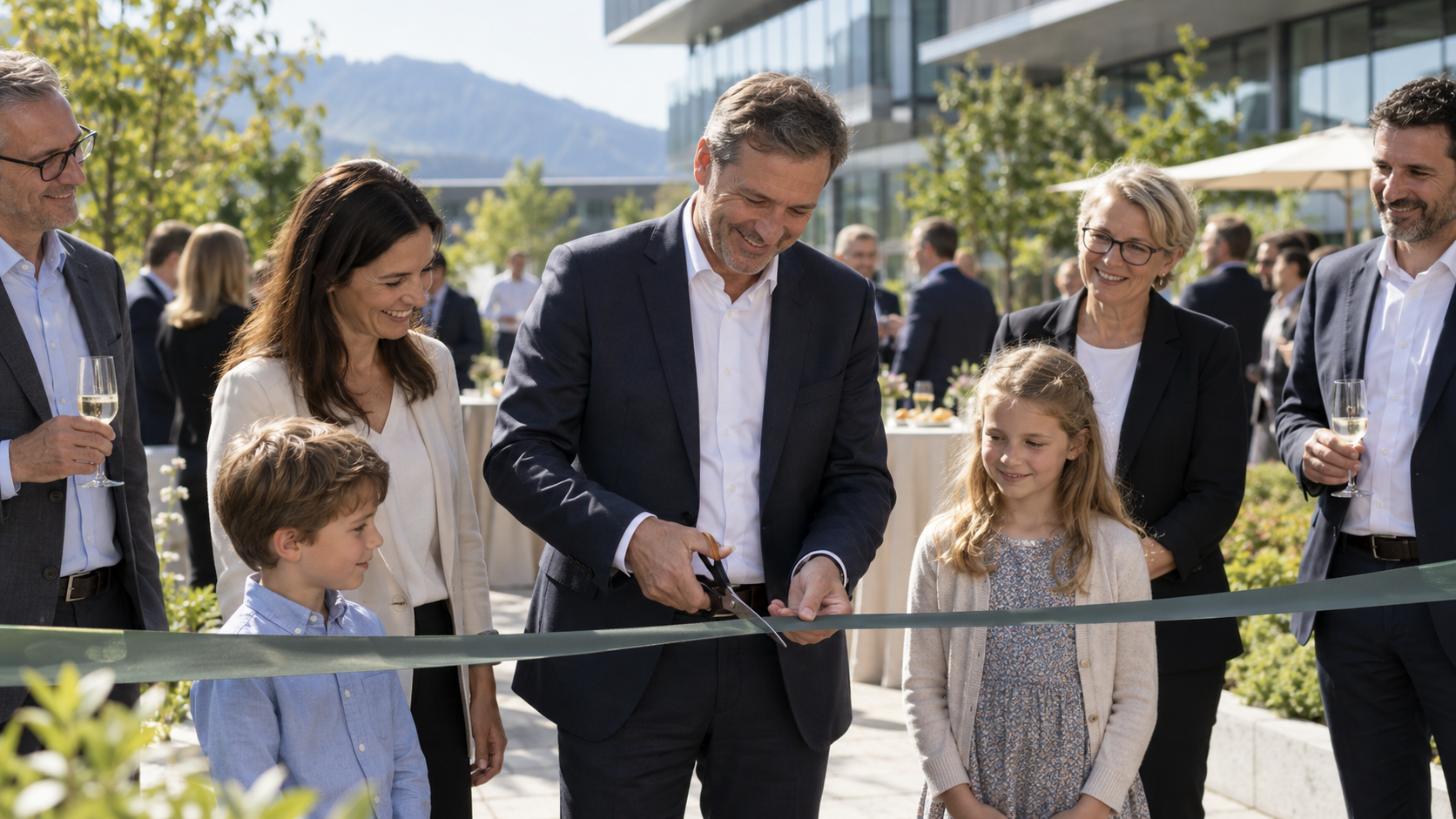 A group of adults and children at an outdoor ribbon-cutting ceremony, with a man in a dark suit cutting a ribbon while others smile and watch, in a sunny setting with modern buildings and mountains in the background.
