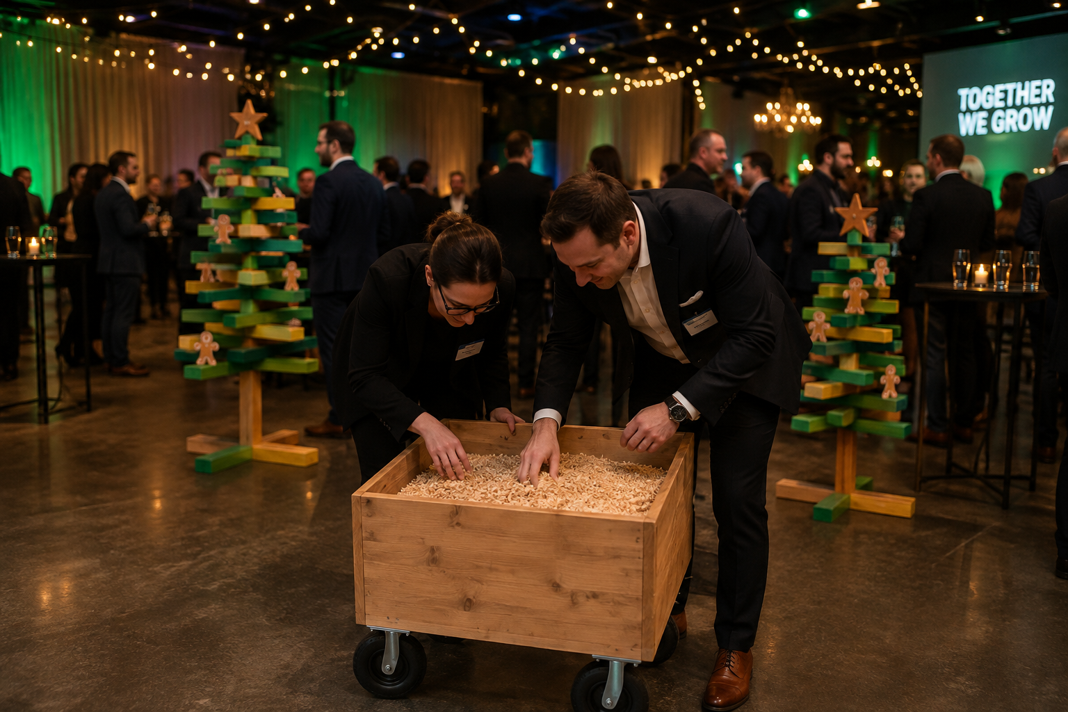 Two people in business attire are interacting with a large wooden tray filled with popcorn at a festive event. In the background, there are decorated Christmas trees, tables with candles, and a wall with string lights. There is a screen displaying the phrase "Together We Grow."