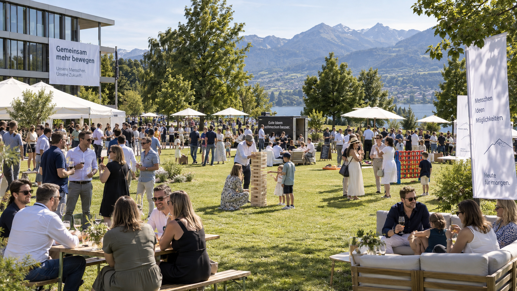 An outdoor event with people socializing on a sunny day near a lake, with mountains in the background. There are tables, umbrellas, and banners in German, indicating a gathering or celebration.