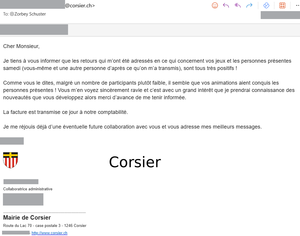 Screenshot of an email congratulating Tak Tak Tak on a successful event. It mentions the positive feedback and future collaboration with the municipality of Corsier in Geneva.
