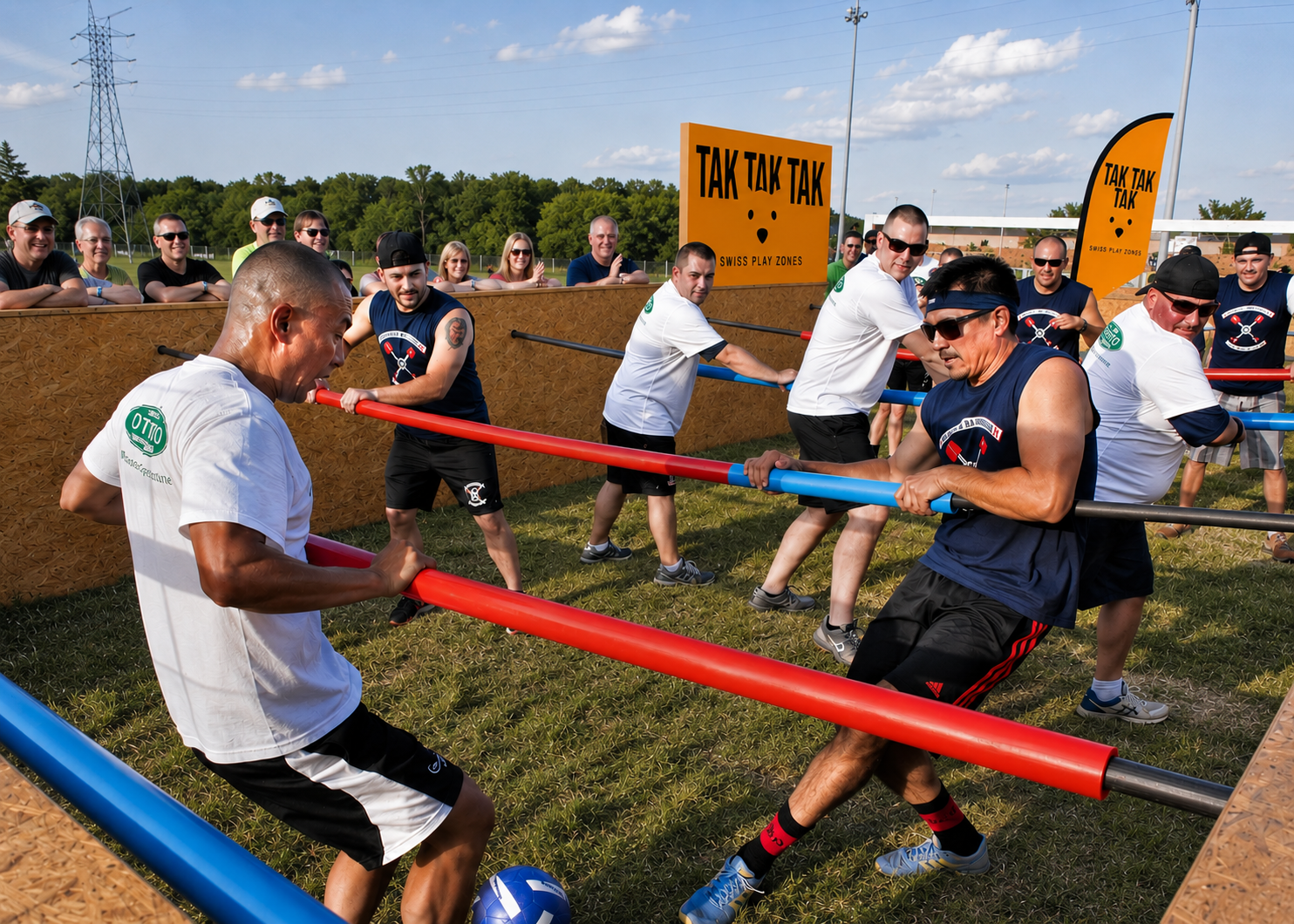 People playing a game of human foosball outdoors. They are holding onto rods and trying to kick a soccer ball, while spectators watch from behind a wooden barrier on a sunny day.
