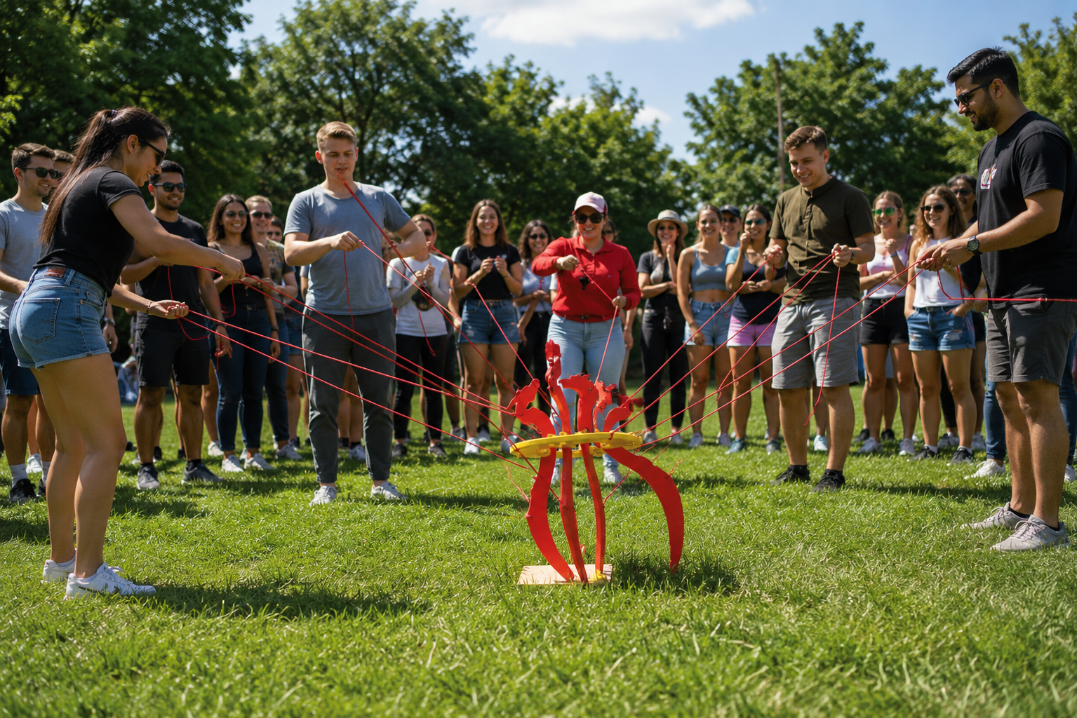 Participants utilisant ensemble un jeu interactif en bois lors d’un événement